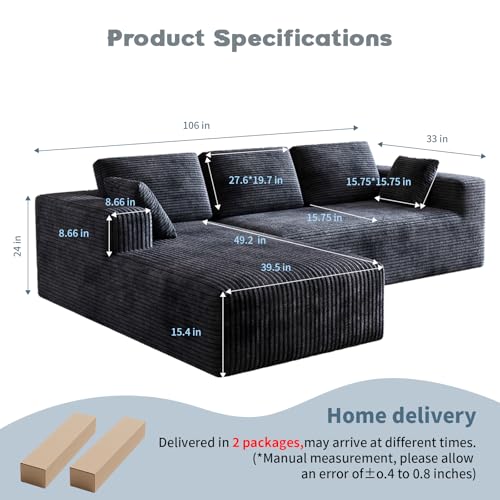 Image of 106 inch Corduroy Sectional Couch, Boneless L Shaped Couch with Deep Seat, Cloud Foam Sofa with Oversized Chaise, Sectional Sofa No Assembly Needed for Living Room