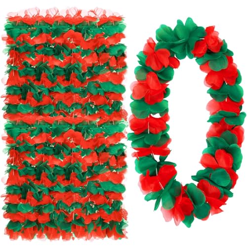 Thiccywoov 24 Pcs Christmas in July Leis Hawaiian Red and Green Tropical Leis Flower Necklace for Christmas July Party Decorations Masquerade Beach Wedding Themed Carnival Supplies