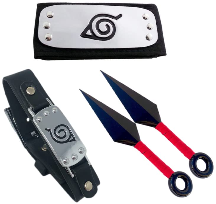 Naruto Konoha Village Ninja Shinobi Cosplay Headband with Red Ninja Weapon Props and Bracelet