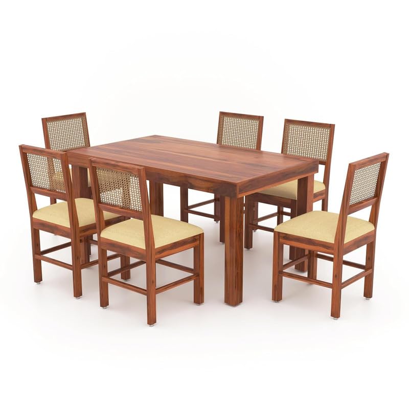 Image of Furniture Solid Sheesham Wood 6 Seater Dining Table Set with Cushioned Chairs | Multipurpose Wooden Six Seater Dinner Table Set for Living Room, Dining Area and Home (Honey Finish)