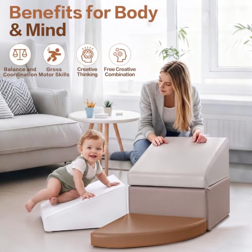 Image of Sumbababy Toddler Climbing Toys Indoor 4 Piece Foam Climbing Blocks Wipe Clean Leather Soft Play Climbing Set for 1 Year Old Beginner Climber Nursery Playroom Neutral Tones