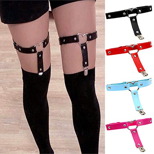 Garters Belt Adjustable Love Heart Leg Garter with Buckle Anti-Slip Clips Elastic Punk 1 Pair: Red