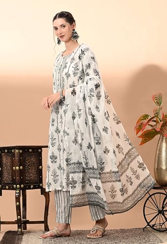 Image of Amazon Brand - Tavasya Women Cotton Anarkali Kurta Pant Dupatta Set | Printed Ethnic Suit Set | Flared Anarkali Kurta with Pant & Dupatta | Festive & Casual Wear