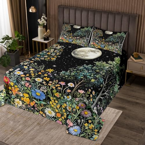 jejeloiu Sun Moon Bedspread for Kids Boys Girls Floral Botanical Coverlet Set Twin Size Daisy Quilted Coverlet Bedroom Decor Breathable Soft Lightweight Microfiber 2Pcs