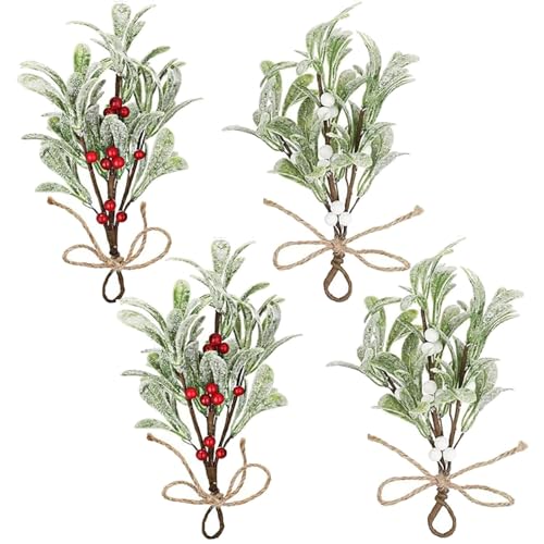 HERZONE 4stk Künstliche Mistelzweige Zum Aufhängen Weihnachts-Misteldekoration mit Roten/weißen Beeren, Künstliche Mistelblumenstiele, Hängende Mistelverzierung (weiß grün 4pcs)