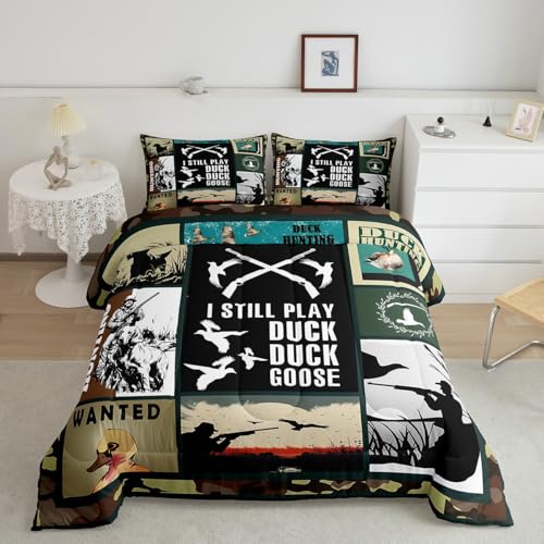 Image of Feelyou Kids Duck Hunting Comforter Set Full Size, Green Duck Bedding Set Hunting Fishing Comforter for Kids Boys Girls Wildlife Duvet Insert Room Decor with 2 Pillow Case