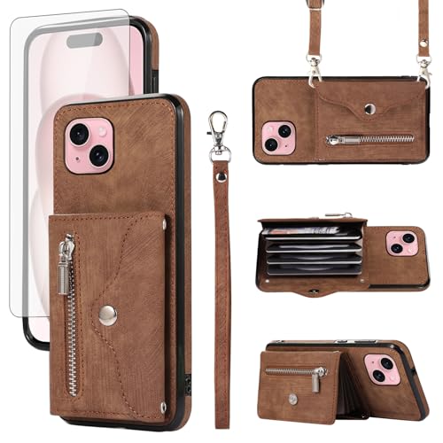 Coque iPhone 15 portefeuille housse de protection écran verre trempé avec support