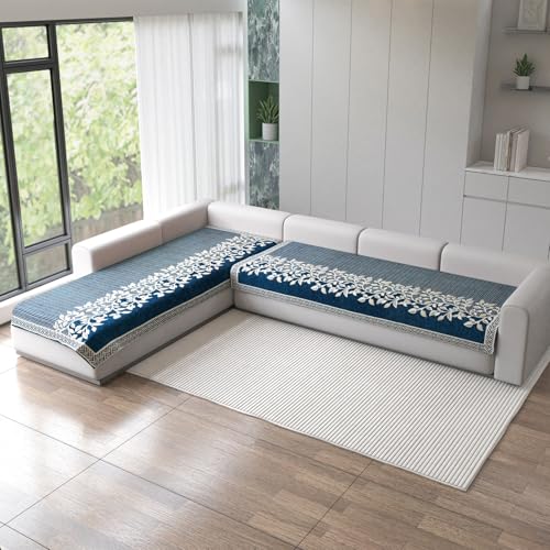 Image of Nendle Superior Velvet Floral Sofa Mat 6 Seater Set Cover Durable Protector for Living Room Sofa Set 3+3, Suitable for L Shape, Sectional and U Shape Sofa (Blue, Pack of 2)