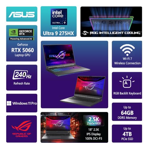 Image of ASUS ROG Strix G18 G815 Gaming AI Laptop 18 inch 2.5k 240Hz 3ms 100% DCI-P3 Intel 24-core Ultra 9 275HX 32GB DDR5 1TB SSD GeForce RTX 5060 (Up to 572 AI Tops) RGB Backlit Thunderbolt Win11Pro ICP Hub