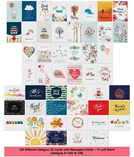 Dessie 100 Large All Occasion Greeting Cards Assortment w/Greetings Inside. Birthdays, Sympathy, Thinking Of You etc. Card Organizer Box With Dividers, Colored Envelopes, Gold Seals, Events Calendar.