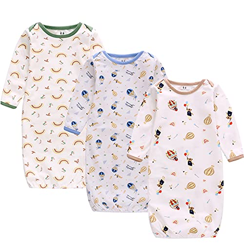 Baby Newborn Gown, 3 Packs Baby Sleeping Bag, Long sleeve Sleep sack, Cotton Cloths for Newborn Boys Girls 6-12 Months