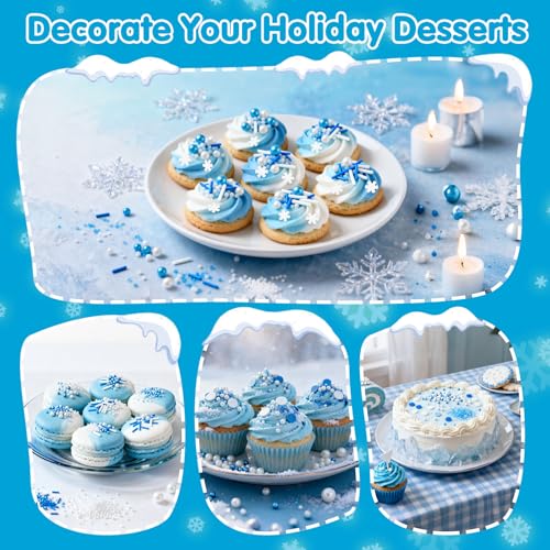 Image of Edible White Snowflake Sprinkles,Blue White Nonpareils Pearls Jimmies Mix Sugar Sprinkle,130g,light Blue Sprinkle Snow Candy for Cake Decorating,Holiday Cake Decorations,Dessert,Cupcakes,Donuts,Cookies,Ice cream Toppers,Birthday Party,Winter Frozen Baking Decorating