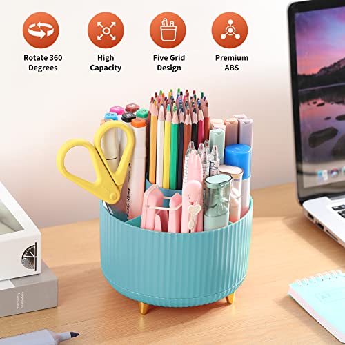 Desk Pencil Pen Holder, 5 Slots 360°Degree Rotating Pencil Pen Organizers For Desk, Desktop Storage Stationery Supplies Organizer, Cute Pencil Cup Pot For Office, School, Home, Art Supply, Blue #TOP1