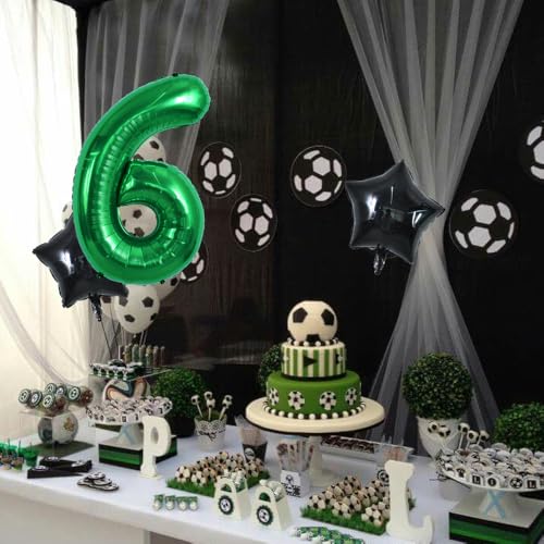 Image of TONIFUL 32 Inch Soccer Balloons Set 6st Birthday Decoration Green Number 6 Foil Soccer Balloon Black Star Balloons for Children's Boys Birthday Party Football Themed Party Supplies