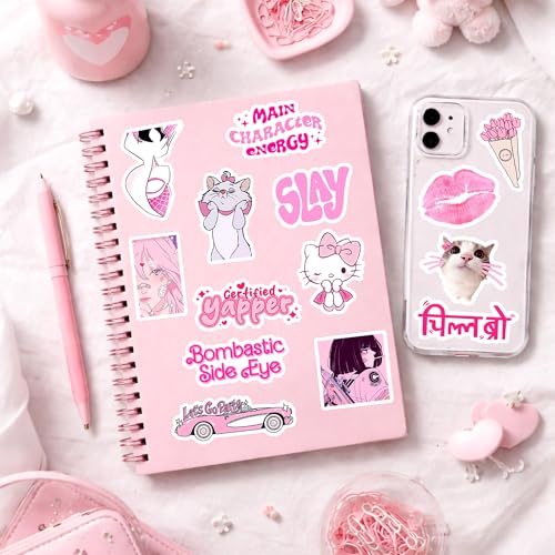 Image of Pink Aesthetic Sticker Pack (50+ Stickers) | Soft Pink & Blush Vibes | Glossy Premium Vinyl | Waterproof, Scratch & Fade Resistant | Stickers for Laptop, Bottle, Phone Cover & Bike Etc