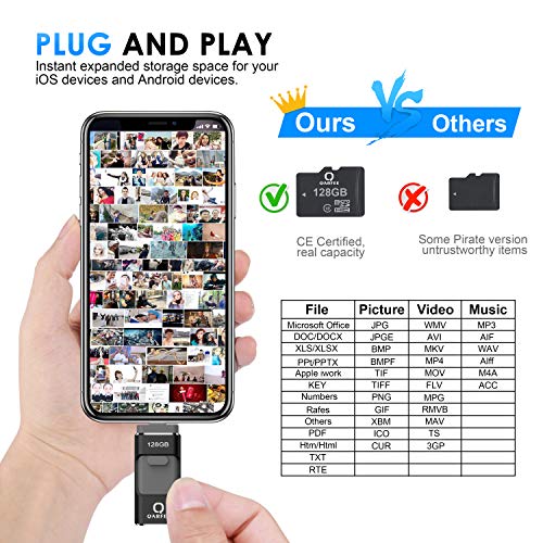 USB Flash Drive, Qarfee Photo Stick, 128GB External Storage Memory Stick Photostick Mobile, Thumb Drive USB 3.0 Compatible iPhone/iPad/PC/Type C/Android Backup OTG Smart Phone-Black - Thumbnail 4
