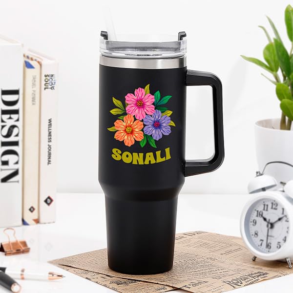Image of IGP Personalized Large Travel Mug | Same Day Delivery | Matte Black Tumbler with Custom Name & Flowers | Cupholder Friendly | for Him & Her, Office & Gym