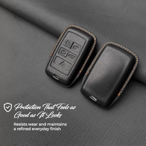 Image of Keyzone Royal Leather Key Cover for XF XJ XE F-PACE F-Type Evoque Velar Discovery LR4 Sport 5 Button smart Key (Cognac Brown)