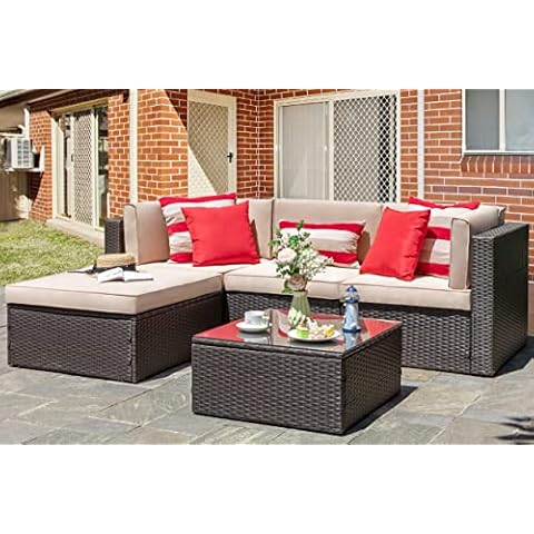 Vongrasig 5 Piece Patio Furniture Sets, All-Weather Brown PE Wicker Outdoor Couch Sectional Set, Small Conversation Set for Garden/Patio w/Ottoman, Glass Table, Red Pillow, Beige Cover