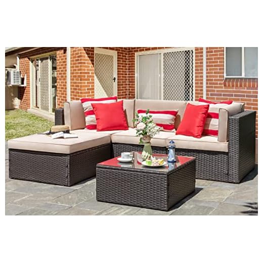 Vongrasig 5 Piece Patio Furniture Sets, All-Weather Brown PE Wicker Outdoor Couch Sectional Set, Small Conversation Set for Garden/Patio w/Ottoman, Glass Table, Red Pillow, Beige