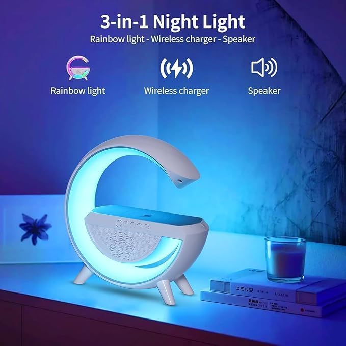 Image of G-Shape LED Wireless Charging Lamp with Bluetooth Speaker | 4 in 1 Multifunctional, RGB Atmosphere Light, Digital Alarm Clock, Dual Alarm Settings, Bedside Night Lamp