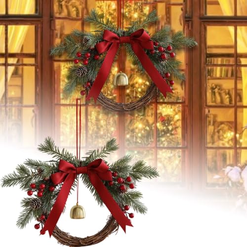 13.7 Inch Rustic Twig Ring Gold Bell Pine Sprig Swag for Front Door Window - image 7