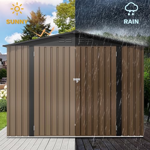 Image of DWVO 7x5ft Metal Outdoor Storage Shed, Waterproof Tool Shed Heavy-Duty Storage Unit with Lockable Door and Vents, Ideal for Bicycles, Tools, Lawnmowers, Backyards, Patios, Lawns - Brown