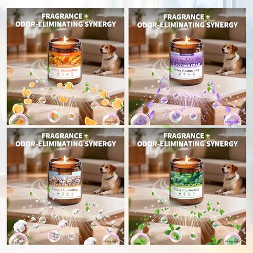 Image of 4 Pack Odor Eliminating Candles Set - Eliminates 95% of Pet, Smoke, Food, and Other Smells Quickly - Air Freshing Scent of Lavender /Orange /Mint /Cotton - 28oz Soy Candles for Home Scented, 200 Hours
