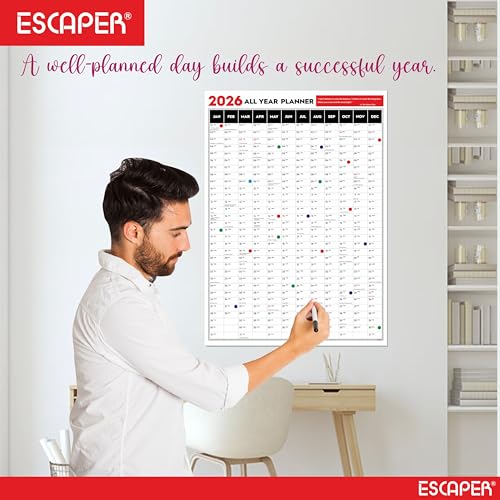 Image of ESCAPER Big Planner 2026 Wall Calendar (18 x 25 inches) with Dot Stickers, Single Sheet Yearly Layout, 120 GSM, Daily Organizer for Home, Office & Study
