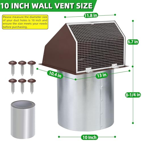 Image of 10 Inch Hooded Wall Vent with Screen and Damper, Outdoor Wall Exhaust Vent Cover Cap for Kitchen Range Hood Dryer Exterior Ventilation and Outside Air Exhaust, Galvanized Steel, Brown