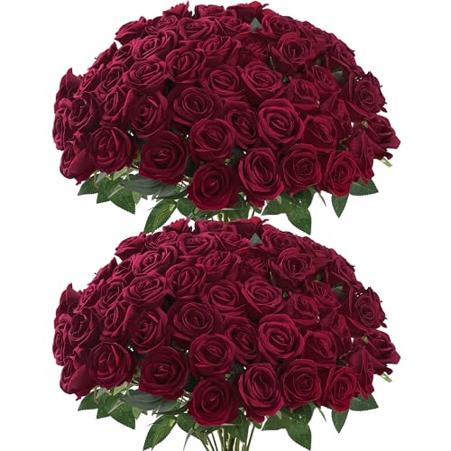 Sggvecsy 50 Pcs Artificial Roses Red Flowers Fake Velvet Silk Roses with Stems Bulk Realistic Faux Flowers for Bridal Bouquets Wedding Centerpieces Valentines Day DIY Home Decor (Burgundy)