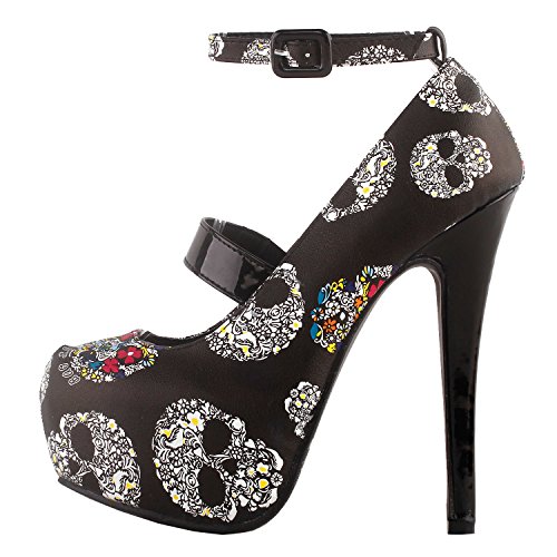SHOW STORY Women Sexy Skull Print Ankle Strap Platform Stiletto Heel Dress Pumps,LF808734