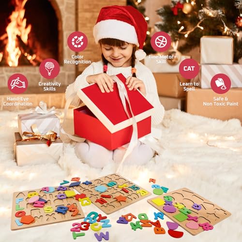 Image of Lyrovo Wooden Alphabet Number & Shape Puzzle Board for Kids | Educational Learning Toys for 2-5 Year Old Boys & Girls | Montessori Toddler Activity Toy for Early Learning & Brain Development