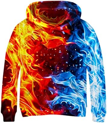 Linnhoy Boys Girls Casual Hoodies 3D Flame Graphic Novelty Fire Printed Sweater Kids Hooded Pocket Sweatshirt Fashion Flame Clothing for Youth Wear Size 10-13 Years X-Large