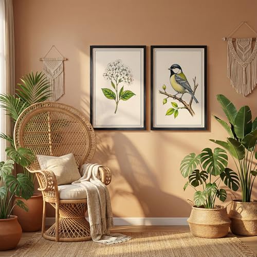 Image of NoWorries Botanical & Bird Wall Art Set of 2 Framed Wall Decor for Living Room Bedroom Office | Vintage Floral Bird Painting Wooden Frame Modern Home Decoration (Art-4, 13x19inch)