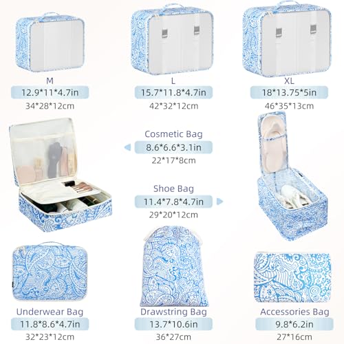 Image of BAGAIL 8 Set Packing Cubes Luggage Packing Organizers for Travel Accessories-Blue paisley
