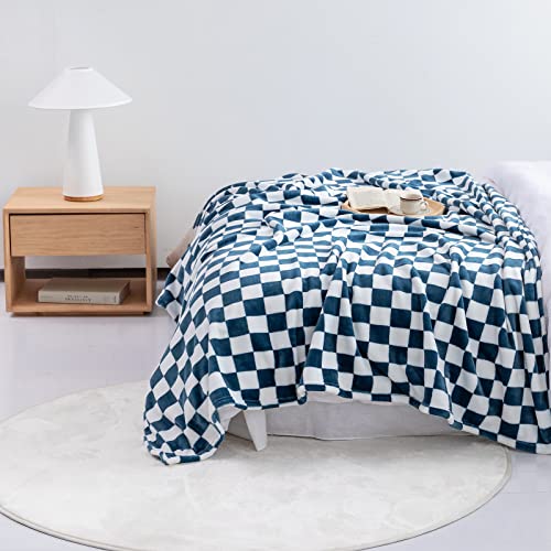 LOMAO Throw Blankets Flannel Blanket with Checkerboard Grid Pattern Soft Throw Blanket for Couch, Bed, Sofa Luxurious Warm and Cozy for All Seasons (Navy, 60"x80")