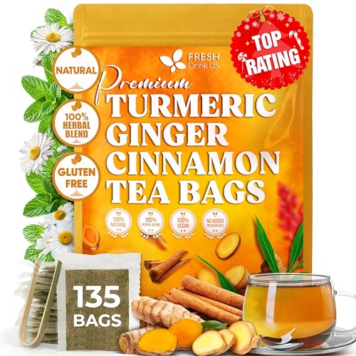 Image of FreshDrinkUS, Premium Turmeric Ginger Cinnamon Tea Bags | 135 Tea Bags | Herbal Spice Tea Blend, Naturally Caffeine Free, Warm & Aromatic Flavor, 100% Natural Ingredients, Convenient Tea Bags