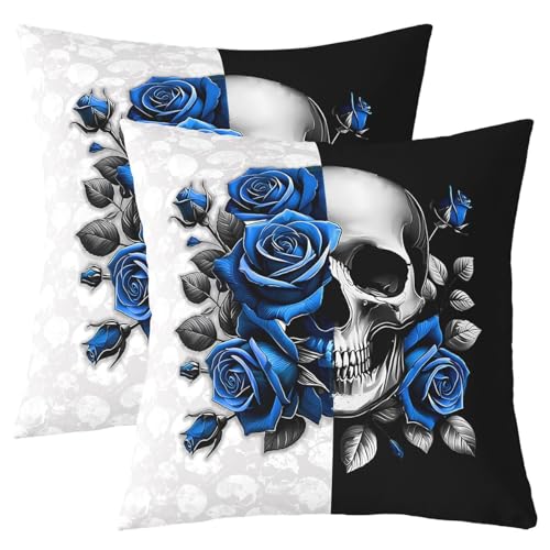 Lot de 2 housses de coussin d'Halloween à motif tête de mort et rose bleue exotique pour garçons et adolescents, 50,8 x 50,8 cm, taies d'oreiller vintage et...