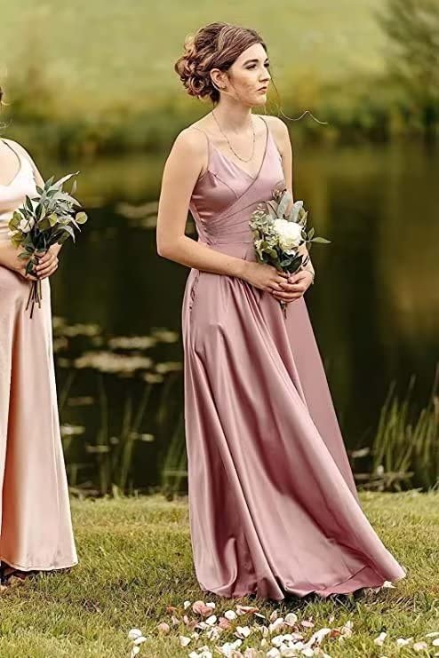 Satin Bridesmaid Dresses Long V Neck Spaghetti Strap Evening Formal Dress3