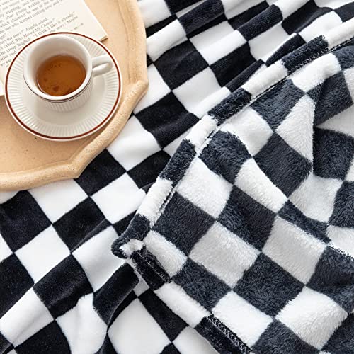 LOMAO Throw Blankets Flannel Blanket with Checkerboard Grid Pattern Soft Throw Blanket for Couch, Bed, Sofa Luxurious Warm and Cozy for All Seasons (Black, 90"x90")