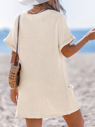 CUPSHE Swimsuit Coverup for Women Waffle Knit V Neck Short Sleeve Beach Coverup Dress with Pockets2