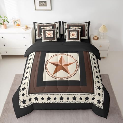 Image of Western Texas Star Bed in a Bag King Size Comforter Set 7-Piece | Black Stars Western Bedding Sets Exotic Nordic Grunge Circle Comforter and Sheet Set,Southwestern Native Ethnic Tribal Boho Decor
