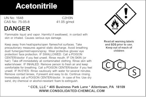 Acetonitrile - Premium High Purity Solvent - ACS Grade, 99.9% Pure - 500mL - Tamper Evident Sealed