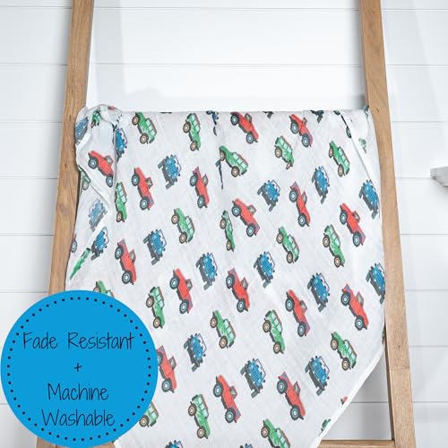 Image of LollyBanks Muslin Swaddle Blankets, 100% Cotton Baby Boy Blanket 47 x 47 Inches, Soft Baby Swaddle Breathable, Muslin Blankets for Boys, Newborn Essentials, Registry (Vehicle Print)