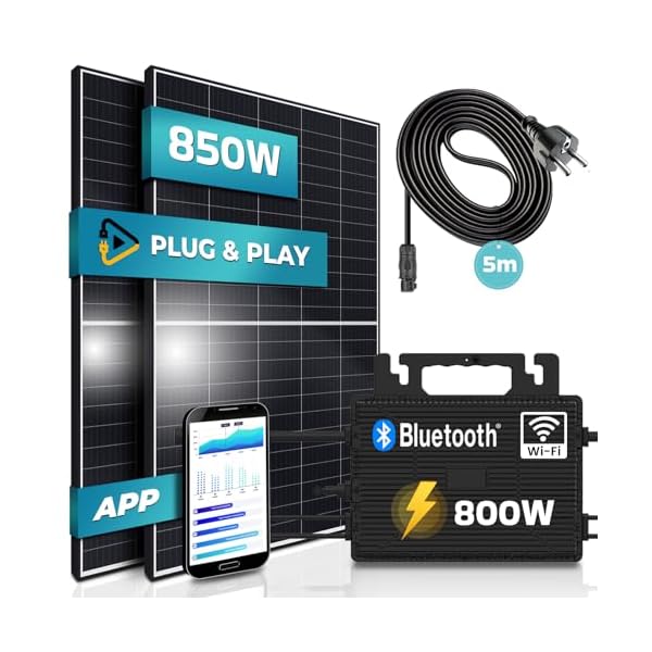 SUNNIVA® Balkonkraftwerk 850/800W Solaranlage mit 800W Astro-Energy Micro Wechselrichter Wifi Bluetooth und Speicher, drosselbar, 2x 425W Solarmodule, 5m Kabel, Solarkabel, Photovoltaikanlage