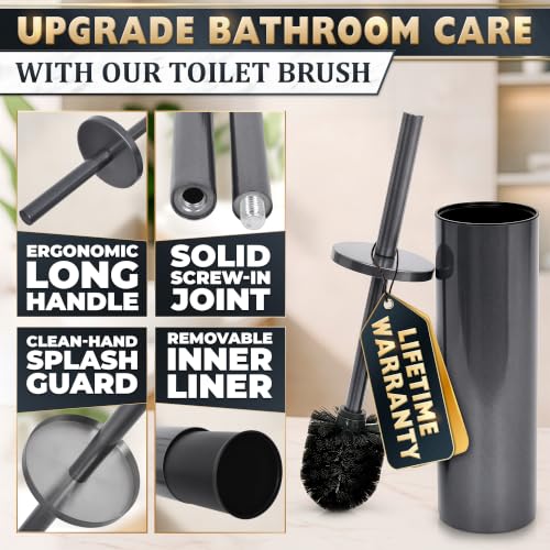Image of Graphite Metallic Stainless Steel Toilet Brush and Holder Set | Toilet Bowl Brush and Holder with Splash Cover, Sturdy Bristles, Corrosion & Scratch Resistant, Elegant Design