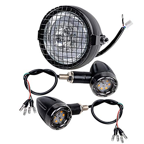 Astra Depot Universal Motorcycle 6.5" Headlight LED Xenon White Halo Ring w/Mesh Grill Cover + 2X Turn Signal Light 12V