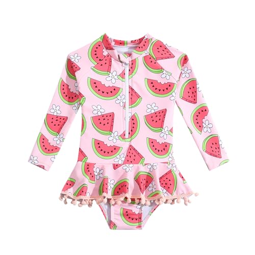 Toddler Girl One Piece Swimsuit Long Sleeve Zipper Ruffle Tassel Swimwear Summer Beach Bathing Suit 12M-6T