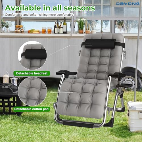 دايونغ كرسي هزاز زيرو جرافيتي مع وسادة، كرسي استرخاء خارجي مع حامل اكواب قابل للفصل ووسادة، كرسي استرخاء محمول قابل للطي للتخييم والفناء وحمام السباحة (رمادي)